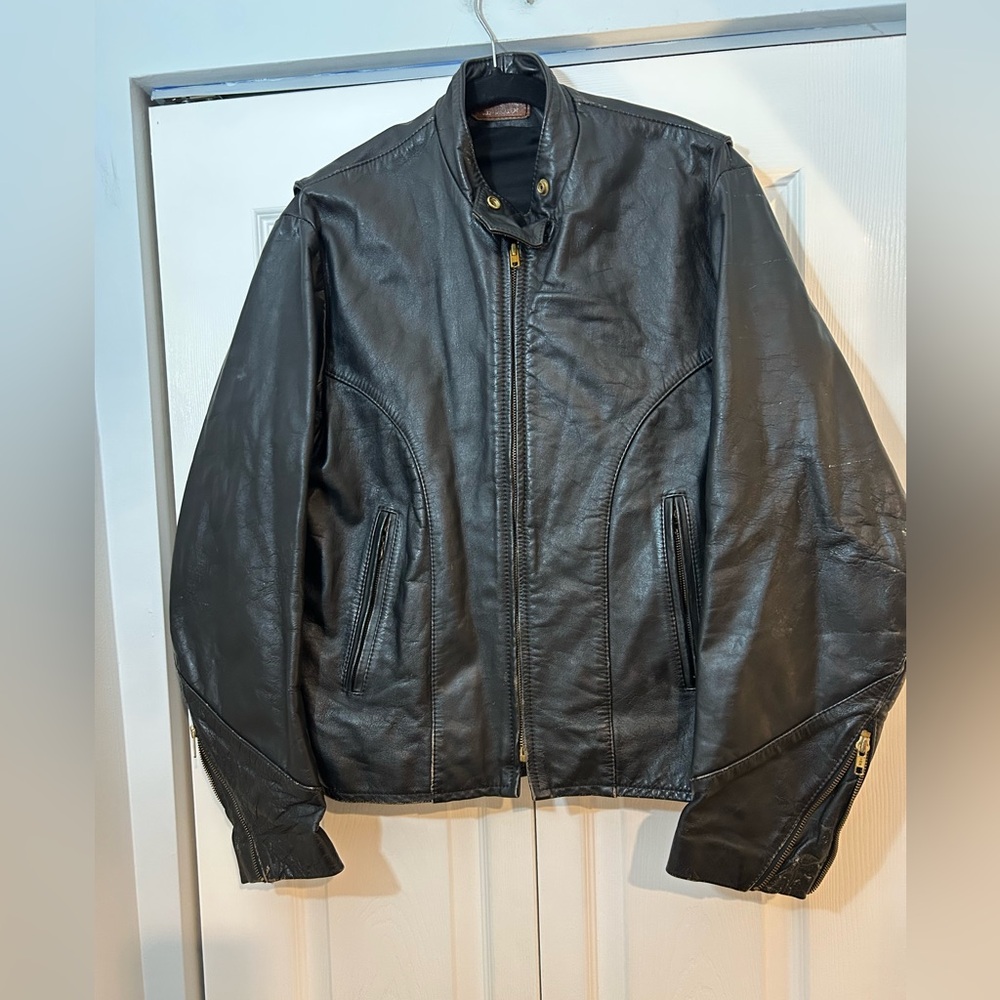Vintage Brown Leather Motorcycle Jacket USA Made Size 42 Cafe Racer Distressed